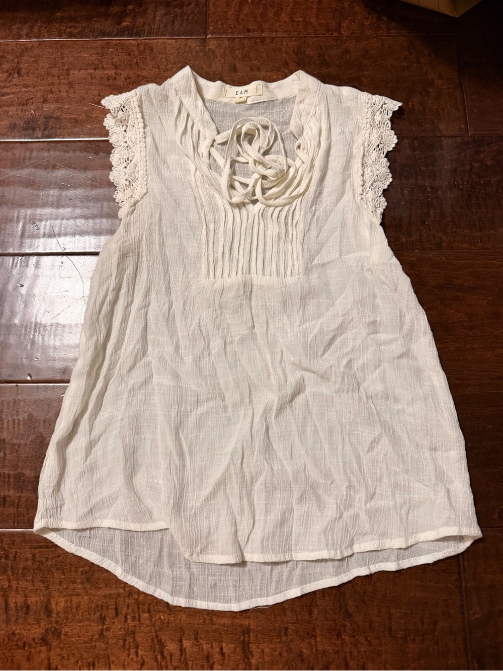 E&M Cream Lace-Trim Pintuck Tie-Neck Top